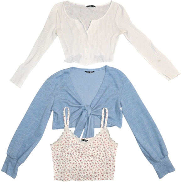 SHEIN Tops - [Set of 3] SHEIN Boho Cardigans and Crop Top Size Medium White and Blue Floral